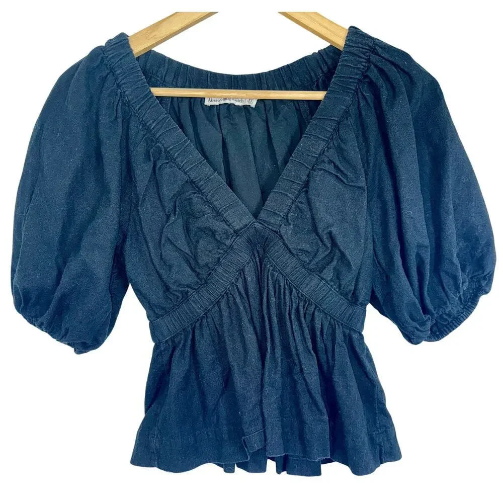 Abercrombie & Fitch Black Linen Ruched Puff Sleeve V-Neck Blouse Womens Size XS